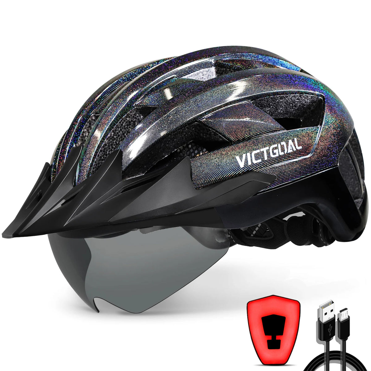 VICTGOAL Adults Mountain Bike Helmets with Goggles Visor Men Women USB Rear Light Bicycle Safety Caps Road Bike Electric Scooter Cycling Helmets