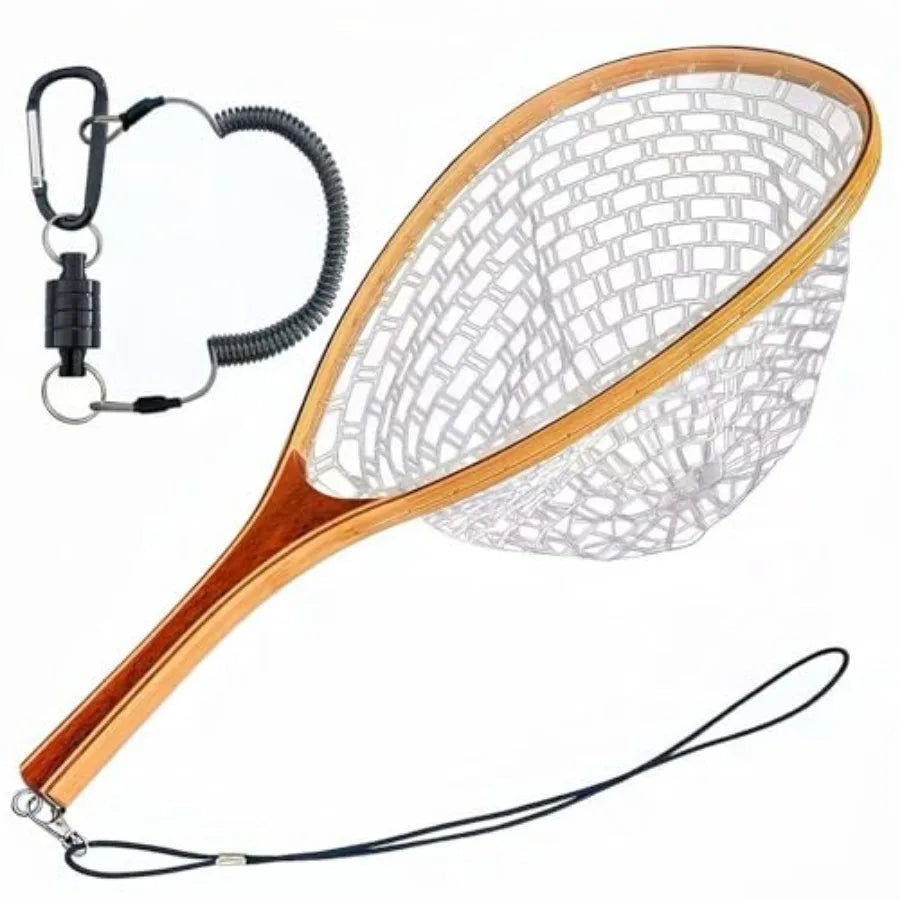 Square Head Fly Fishing Landing Net Trout Soft 23.62in Rubber Catch and Release Fish Net with Wooden Handle Frame Magnetic Fly