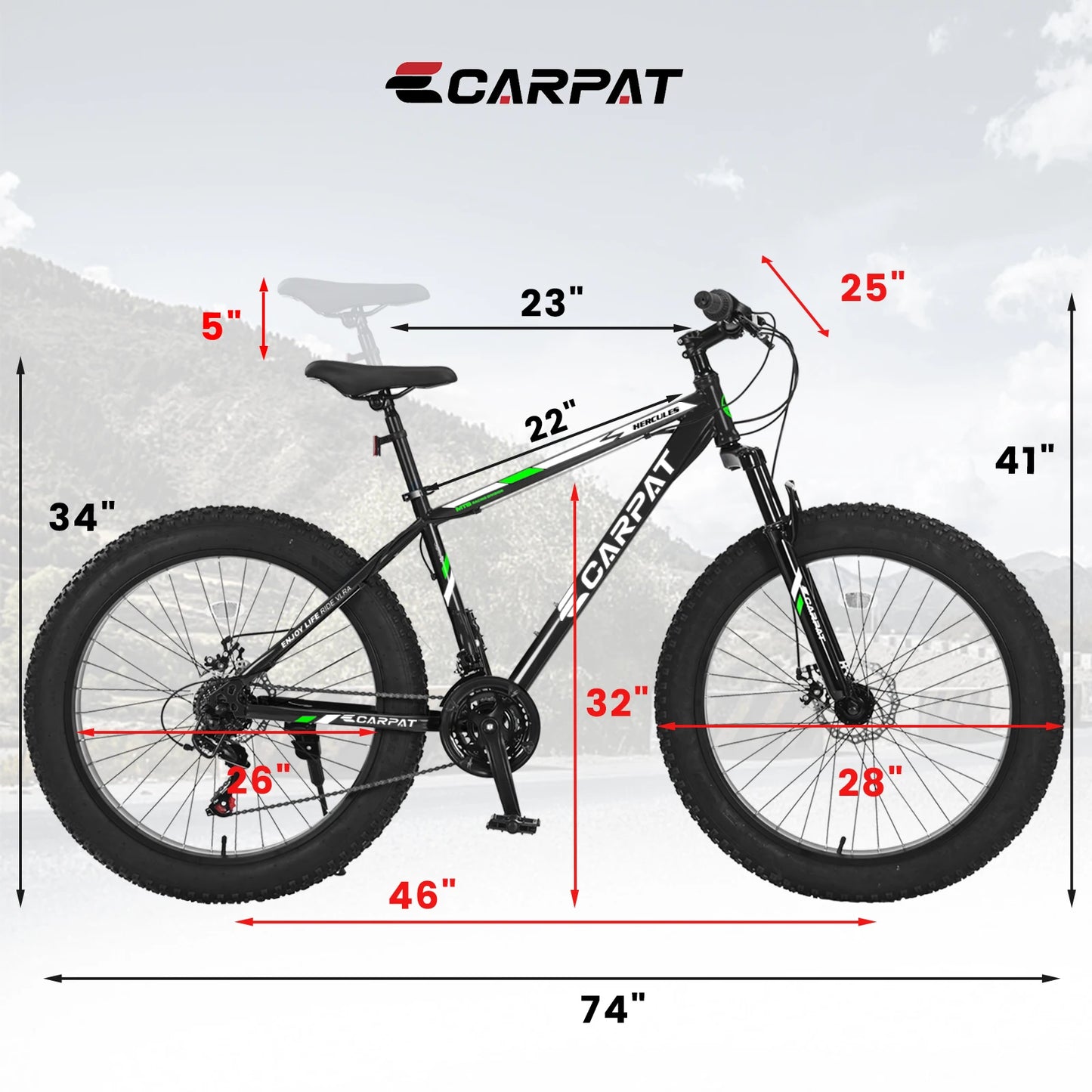 26 Inch Adult Fat Tire Mountain Bike, 21 Speed Gears, High Carbon Steel Frame, Front Suspension, Front Rear Dual Disc Brakes, All Terrain Bicycle for Mountain & City Commute
