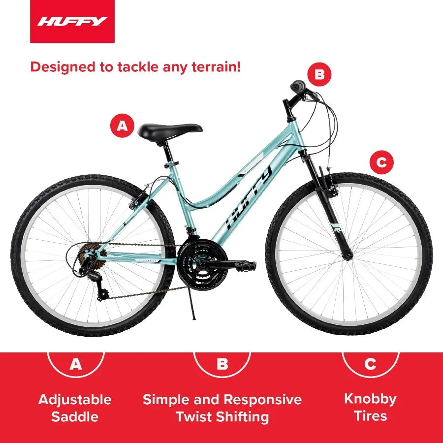 Huffy 26" Rock Creek Mountain Bike, Fits Riders 5'0"+, Mint, Adult, Women's Sturdy steel frame built for tackling rough trails.