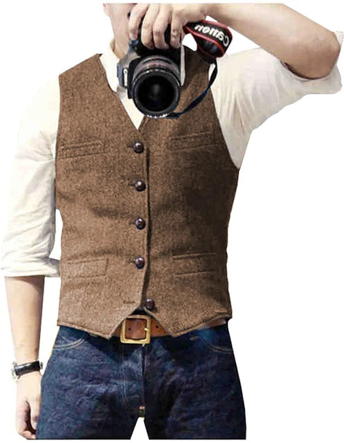 Men's Vest  Wool Herringbone Tweed Casual Waistcoat Business Vest Green/Black/Brown/Coffee