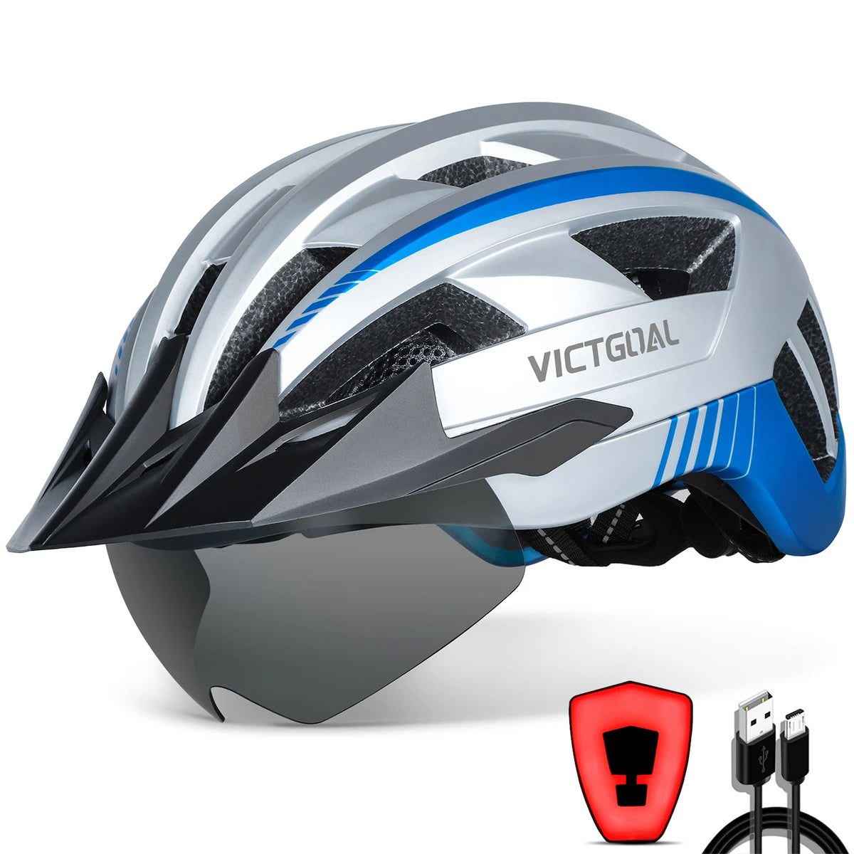 VICTGOAL Adults Mountain Bike Helmets with Goggles Visor Men Women USB Rear Light Bicycle Safety Caps Road Bike Electric Scooter Cycling Helmets