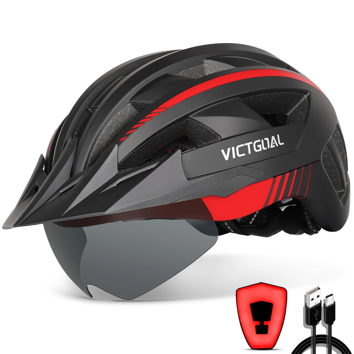 VICTGOAL Adults Mountain Bike Helmets with Goggles Visor Men Women USB Rear Light Bicycle Safety Caps Road Bike Electric Scooter Cycling Helmets