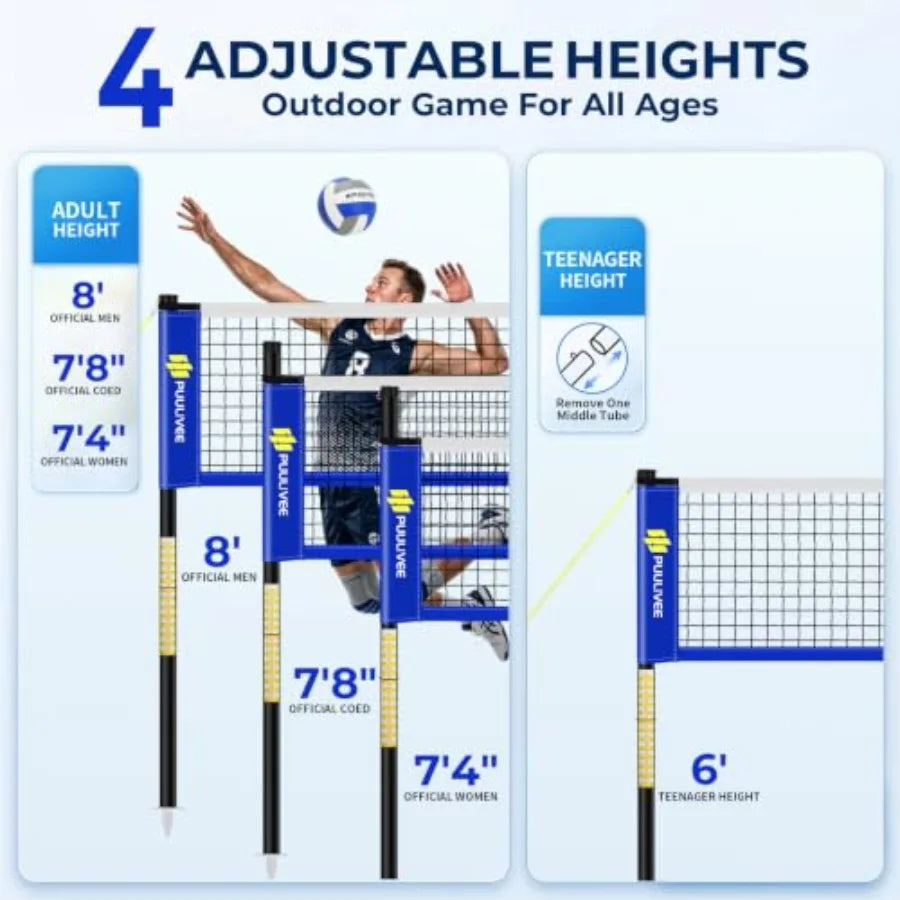 Outdoor volleyball net set for backyard, beach, grass: polyester net, black-gray, all-weather durability easy 4-pole height adj