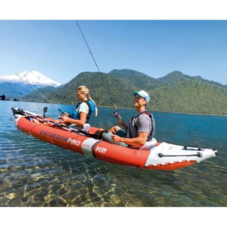Excursion Pro Inflatable Kayak Set For Outdoor Recreation: SuperTough PVC, Blue And Gray, 2-Person With 400lb Capacity And Adju