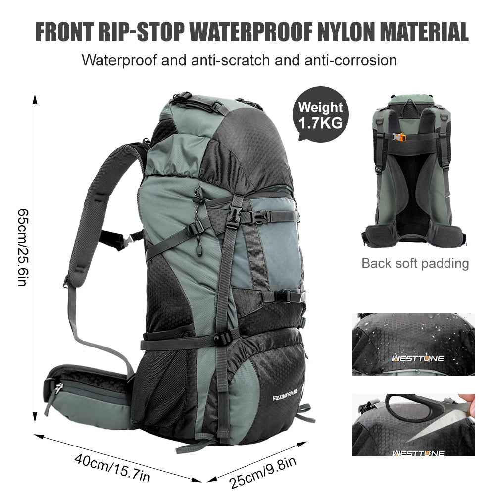 WESTTUNE 60L Explorer Internal Frame Backpack with Rain Cover for Hiking Camping Backpacking Travel