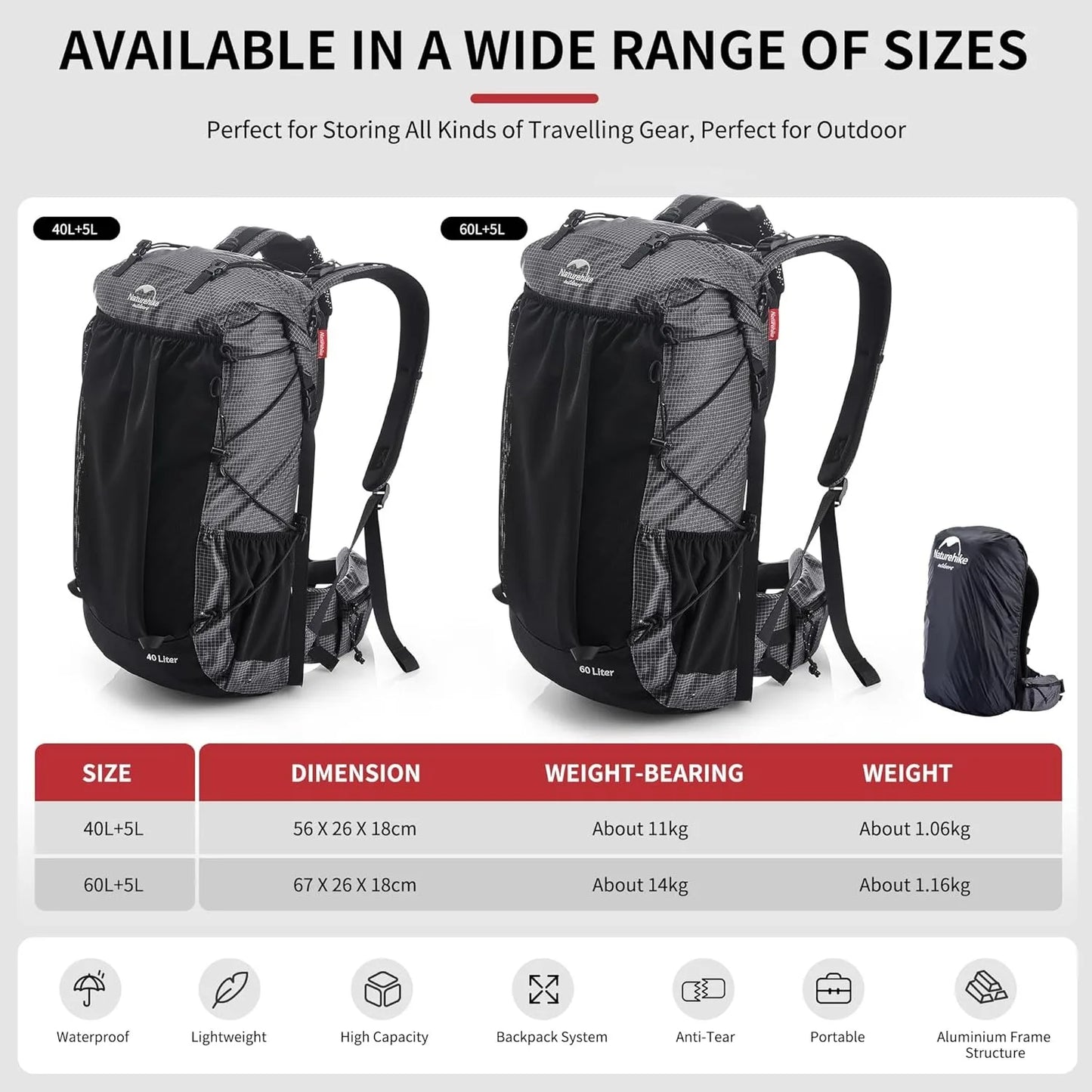 Naturehike Rock Outdoor Bags 40L 60L Travel Backpacks Large Capacity 60+5L Camping Hiking Packs Hiking Bag With Rain Cover