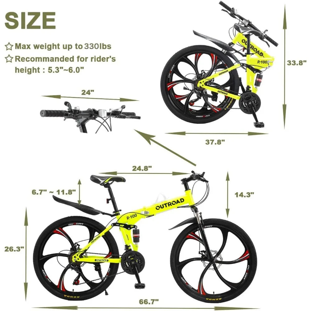 Folding Mountain Bike, 21-Speed High Carbon Steel, Adult, 26-inch Durable Tires