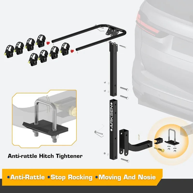 ARKSEN 4 Bike Rack, Heavy Duty Bicycle Carrier, Rear Hitch Mount with 2" Receiver, Tie Down Strap, Anti-Rattle Hitch Tightener