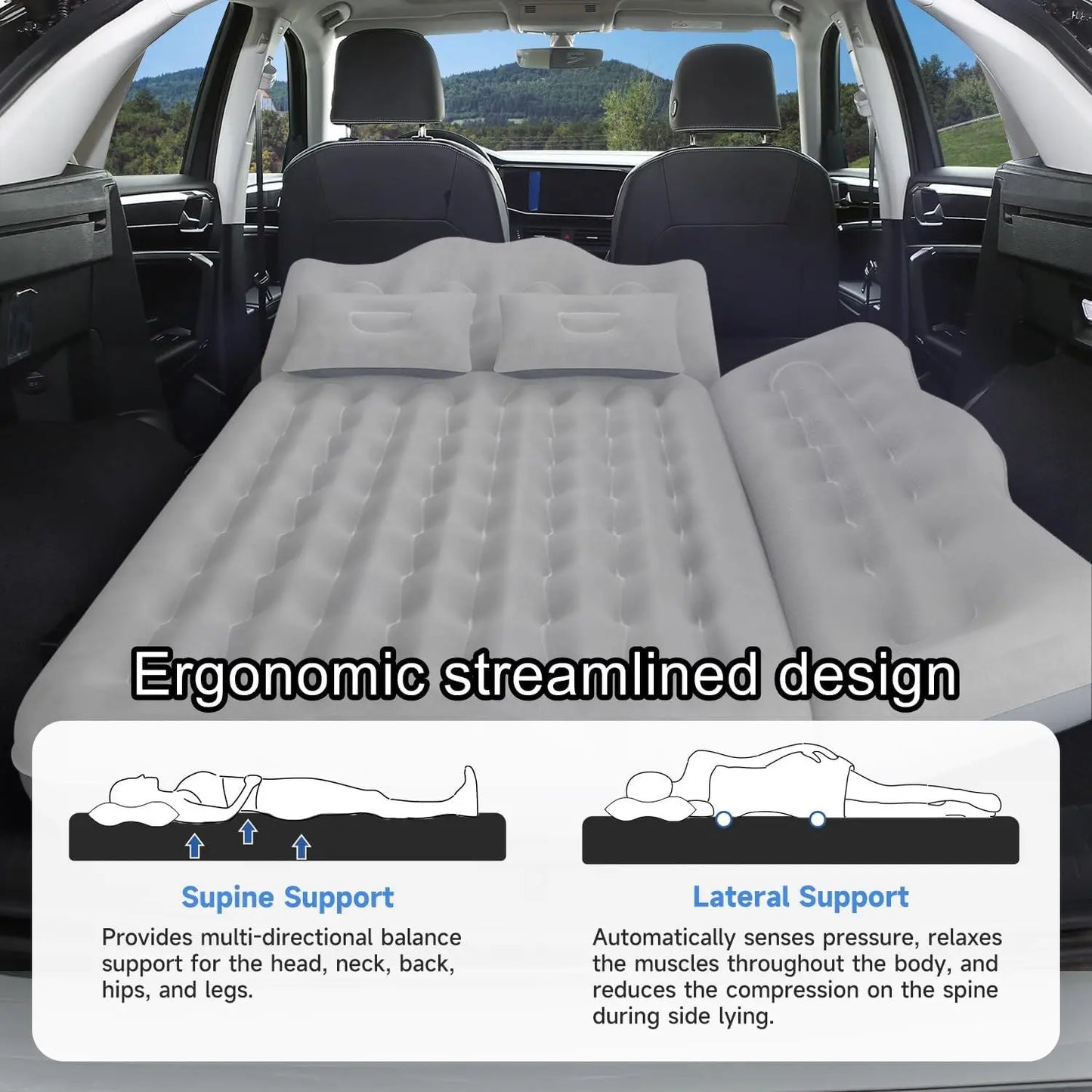 Inflatable Car Mattress Bed: SUV Camping Air Mattress with Pump & Pillows, Blow Up Car Sleeping Matt