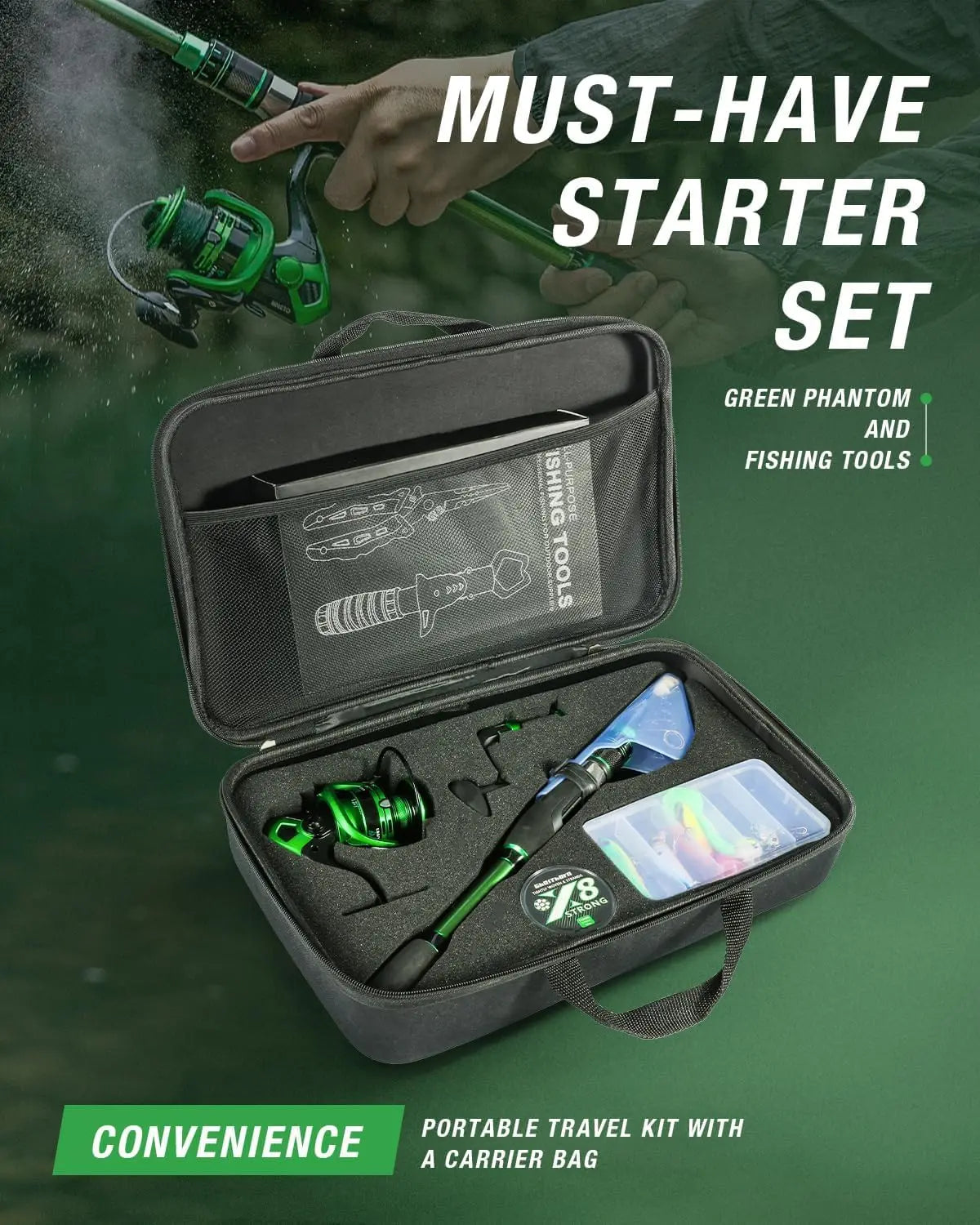 Fishing Rod and Reel Combo, Graphite Telescoping Fishing Pole Collapsible Portable Travel Kit with Carrier Bag