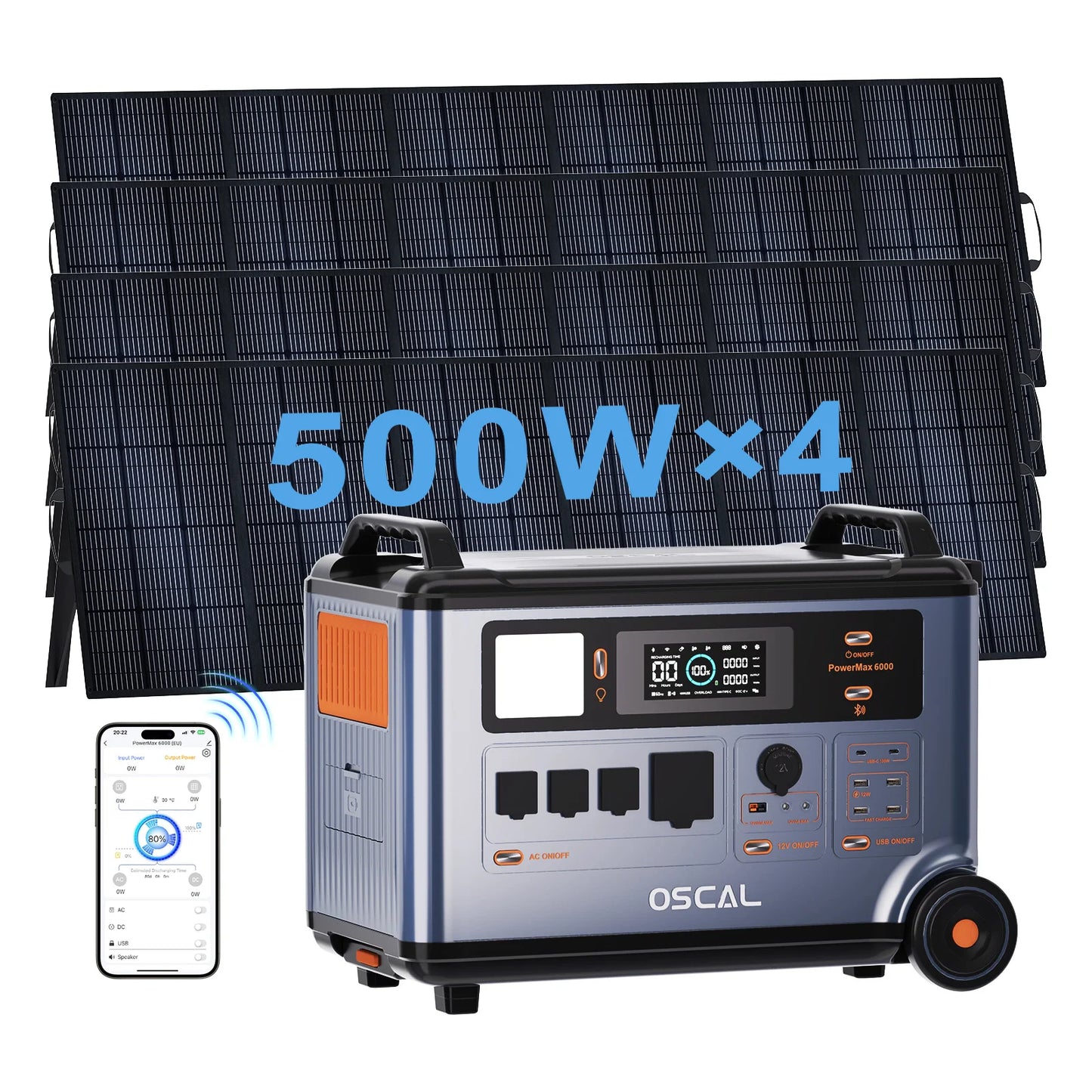 OSCAL PowerMax6000 Portable Power Station With 500W Solar Panel,6000W Continuous 9000W Peak,LiFePO4 Battery,2200W AC 2400W Solar Fast Charging,APP Monitor,Emergency Power Backup for Home,Camper,Outdoor Blackout