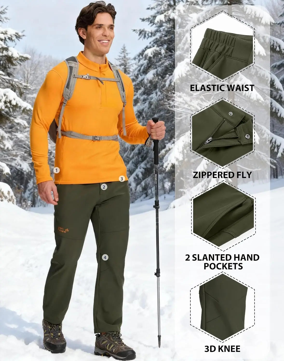 Pioneer Camp Men's Fleece Lined Hiking Pants Insulated Waterproof Softshell Winter Warm Work Snow Ski Pants Snowboard