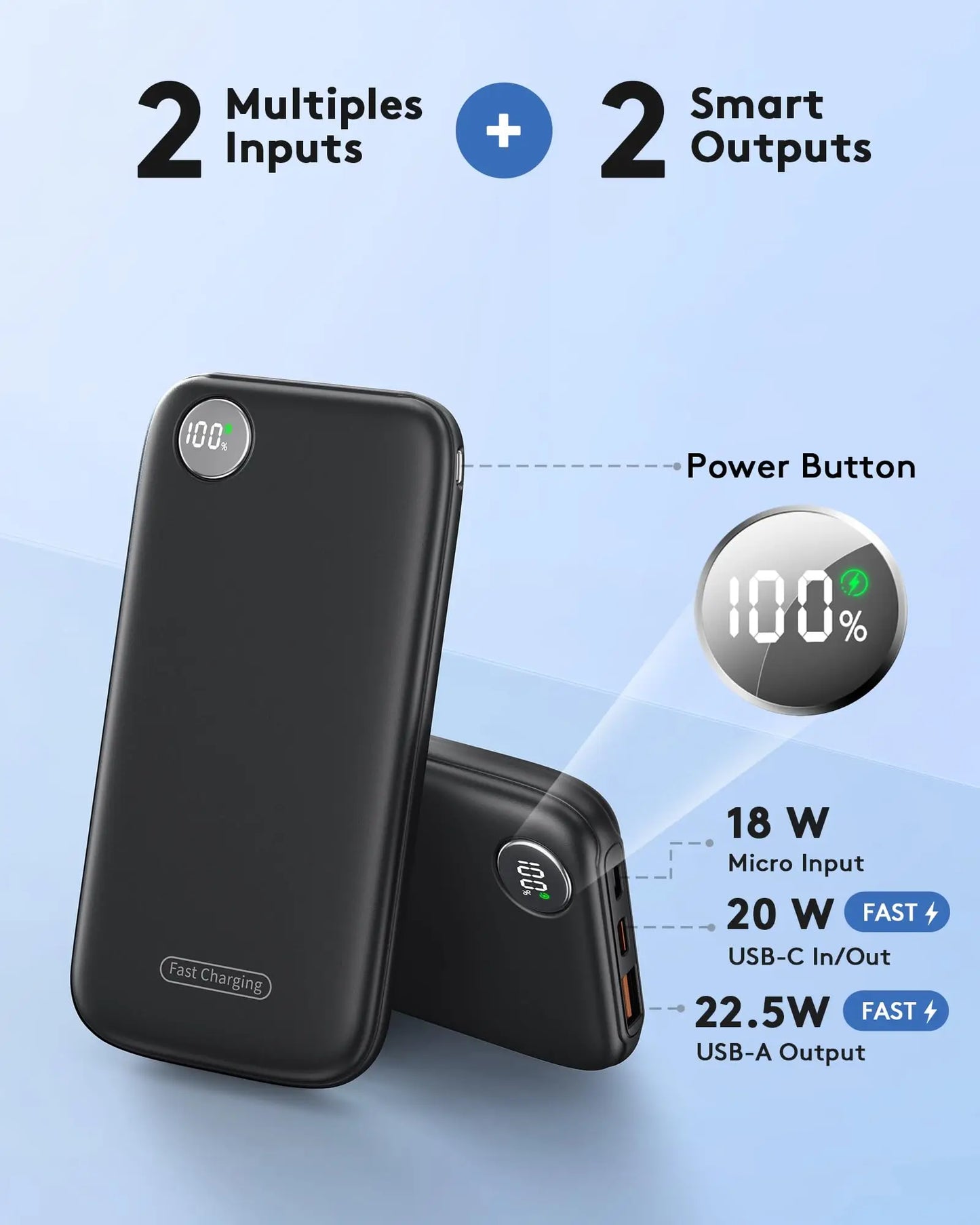 Ultra-Slim 10000mAh Portable Charger with Fast Charging (Max 12V/4.5A), USB-C Input/Output, Lightweight