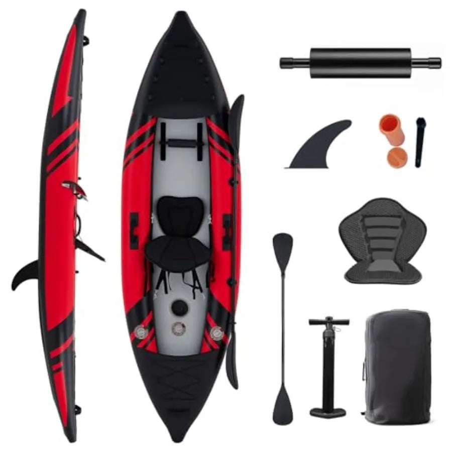 1-Person Inflatable Kayak for Fishing, Touring, Recreational Paddling Red Drop-Stitch Floor, Lightweight, Portable, Durable Sol