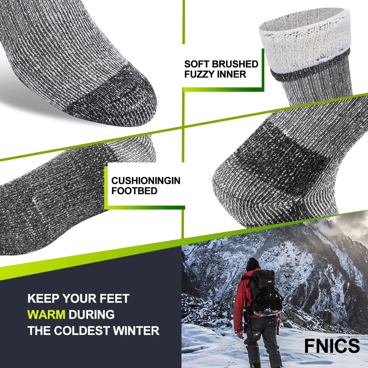 3 Pairs Men Women Merino Wool Crew Socks Thickened Thermal Socks Outdoor Hiking Running Sports Large
