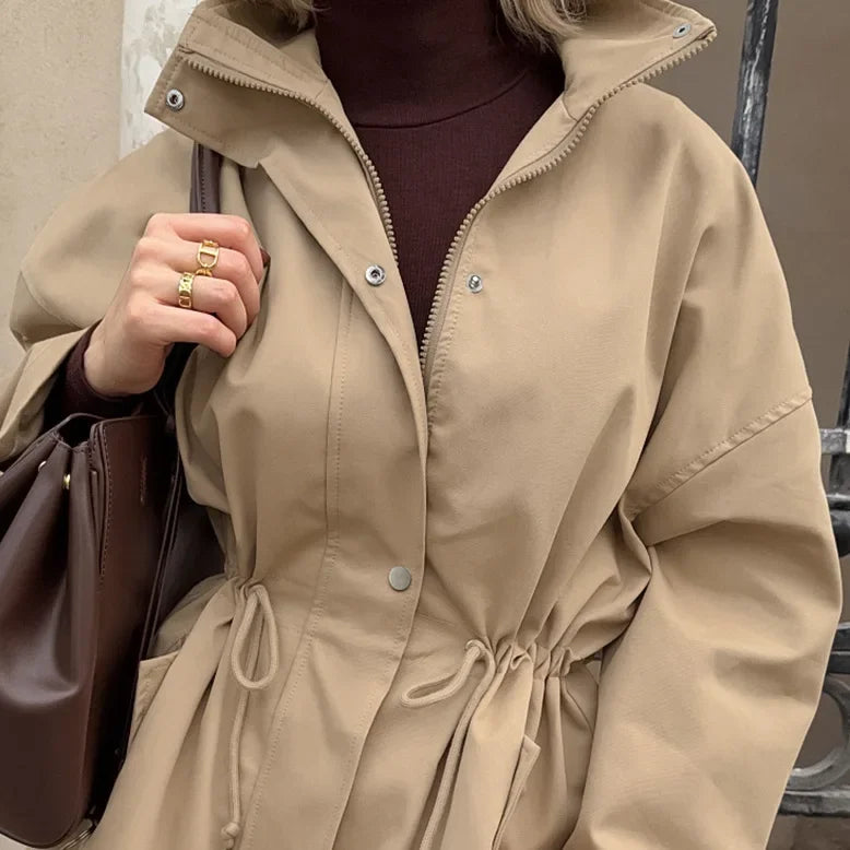 Autumn Barn style retro tooling trench coat women's medium and long drawstring waist lace slack simple casual coat