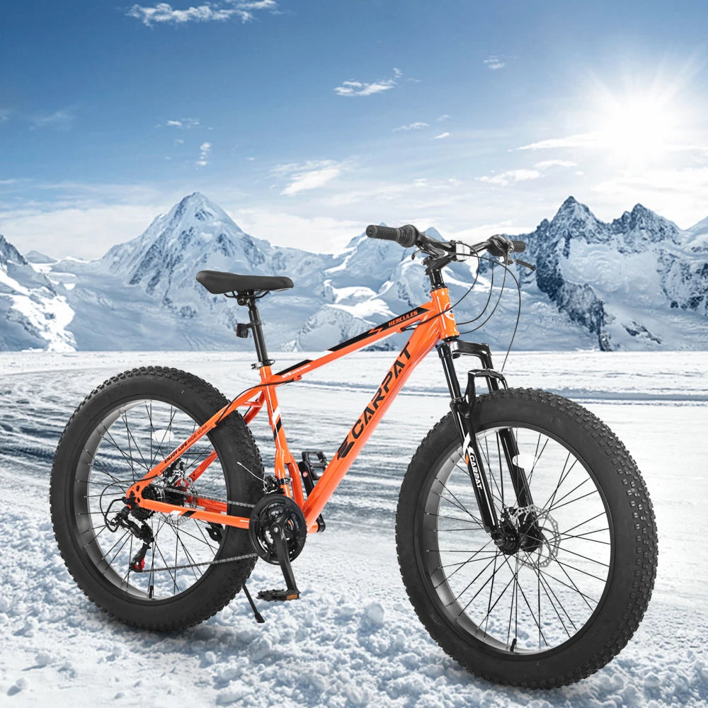 26 Inch Adult Fat Tire Mountain Bike, 21 Speed Gears, High Carbon Steel Frame, Front Suspension, Front Rear Dual Disc Brakes, All Terrain Bicycle for Mountain & City Commute
