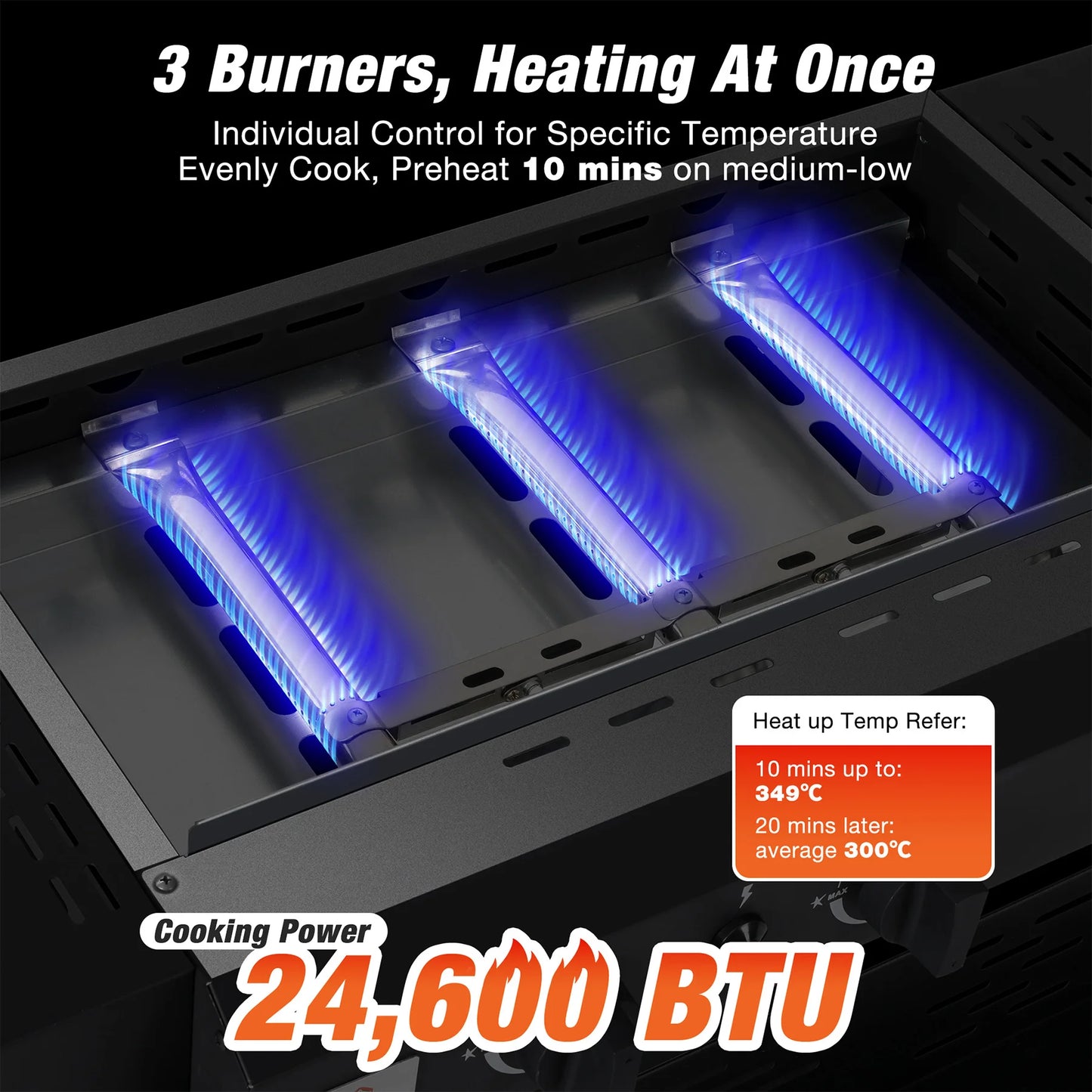 Outdoor Camping Grill 3 Burner BBQ Propane Gas Grill, 24,600 BTU Stainless Steel, portable, on stand or table top