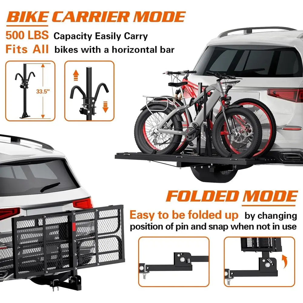 Hitch Cargo Carrier with Bike Rack 60" x 24" x 14" Folding Trailer Hitch Cargo Carrier 500 LBS Capacity for Standard, Fat Tire a