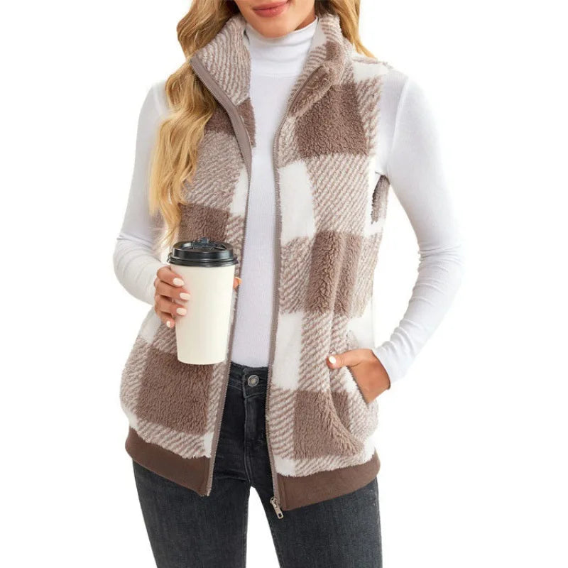 Autumn Winter Plaid Fleece Hoodie Vest Women's  Stand Collar Casual Pocket