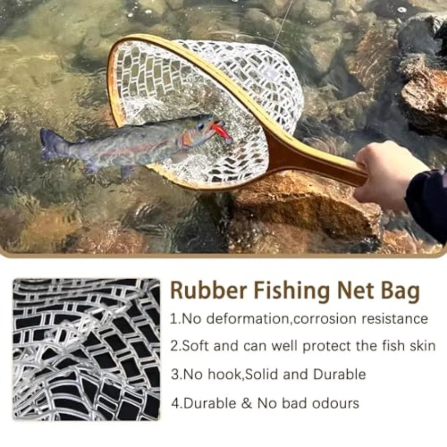 Square Head Fly Fishing Landing Net Trout Soft 23.62in Rubber Catch and Release Fish Net with Wooden Handle Frame Magnetic Fly