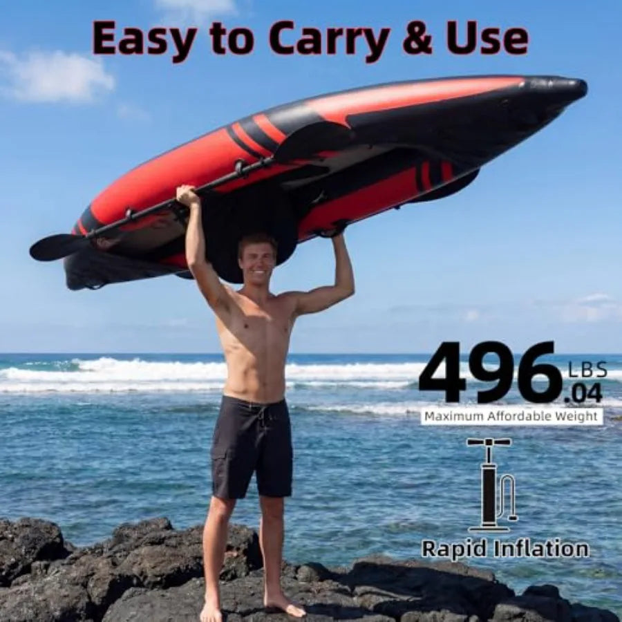 1-Person Inflatable Kayak for Fishing, Touring, Recreational Paddling Red Drop-Stitch Floor, Lightweight, Portable, Durable Sol