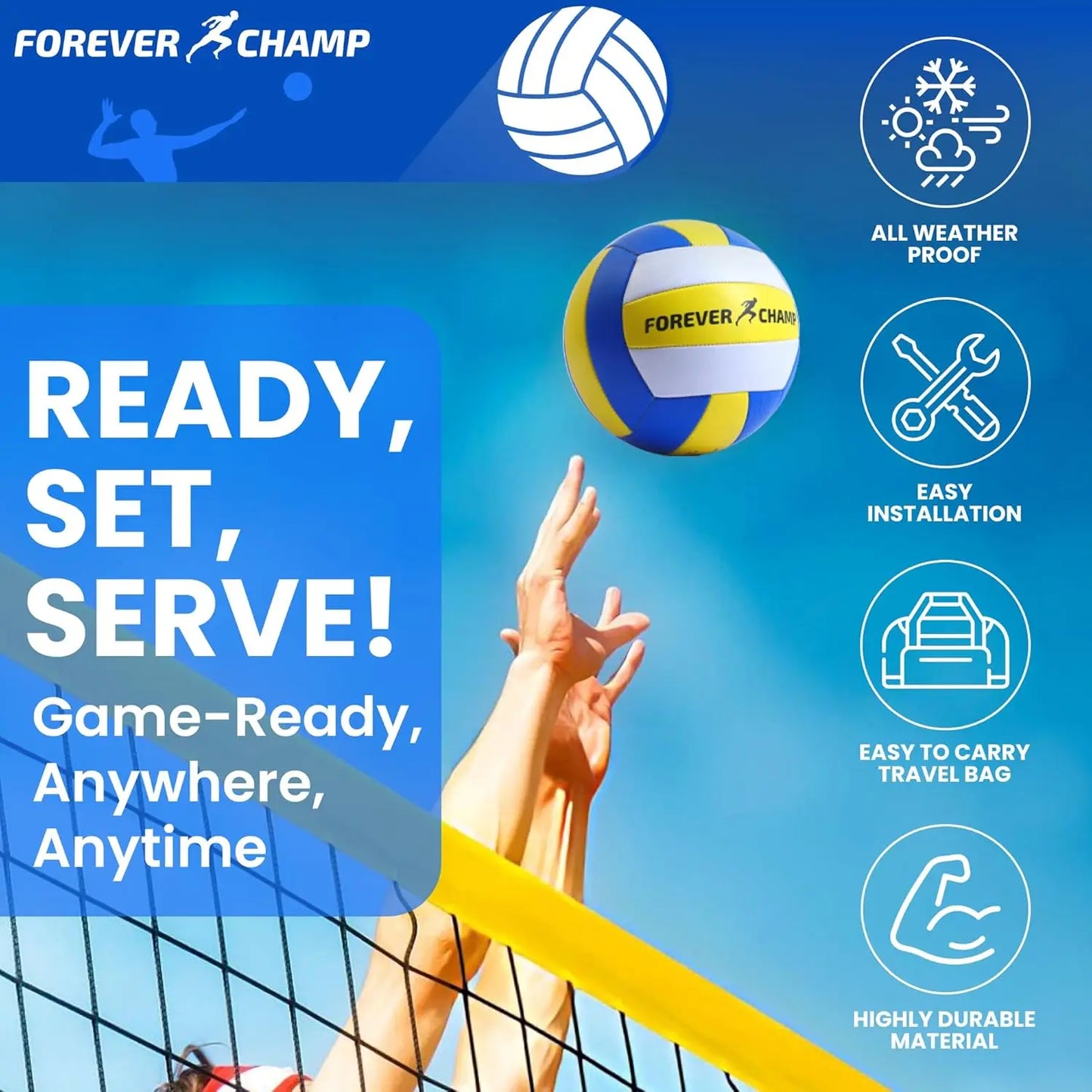 Portable Volleyball Net Set with Regulation Size Net, PU Ball, Carrying Bag, Poles & Pump for Outdoor Play