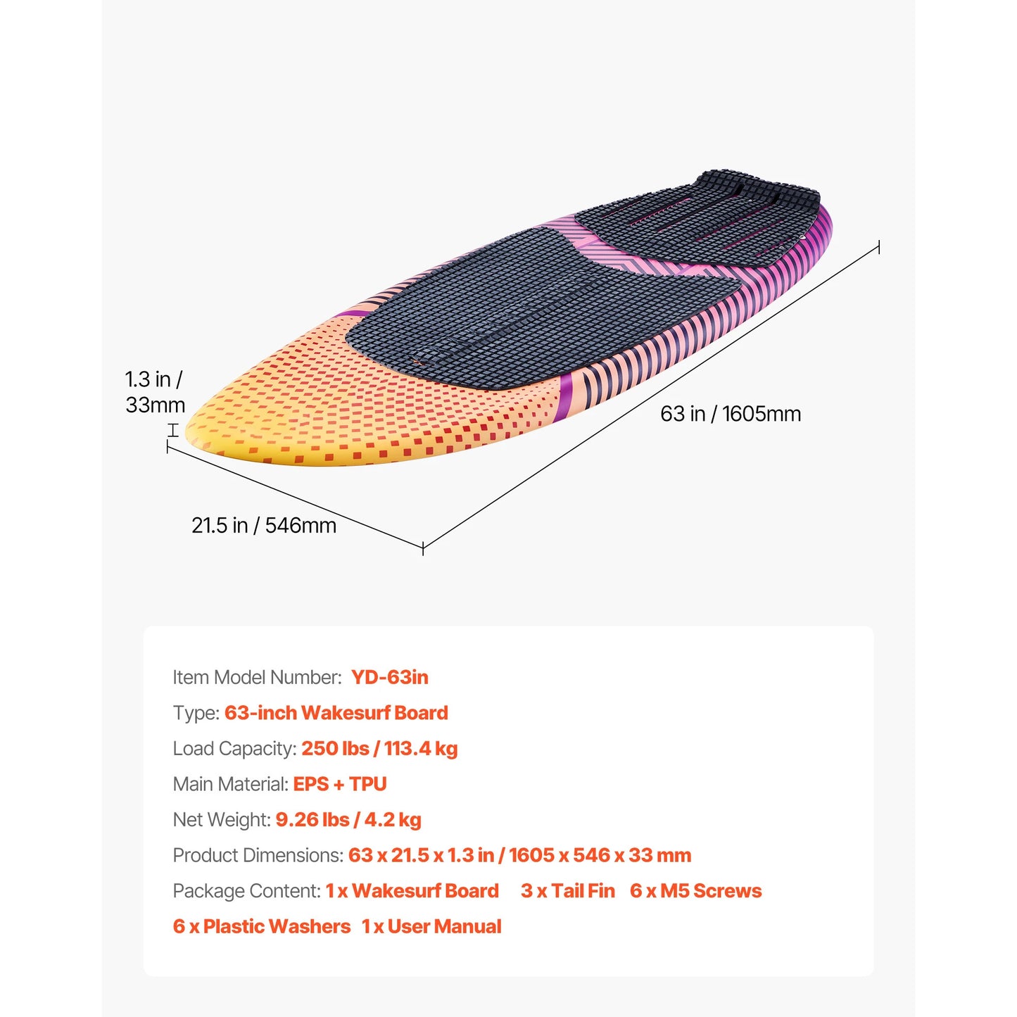 SucceBuy 45/63In Wakesurf Board Wake Surfing Board with EPS Foam Core & EVA Non-Slip Pad UV-Resistant for Youth Up to 110/250lbs
