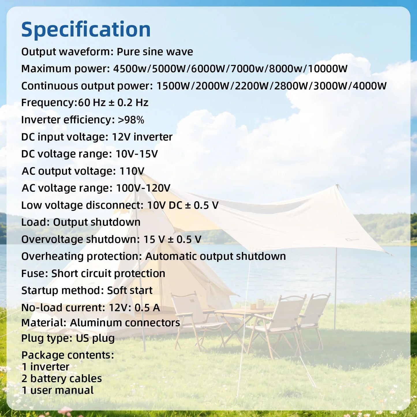 5000W Pure Sine Wave Inverter 12V 24V DC to AC 110V US Outlet Digital Screen Temp-Controlled Fan for Car Vehicle RV Solar