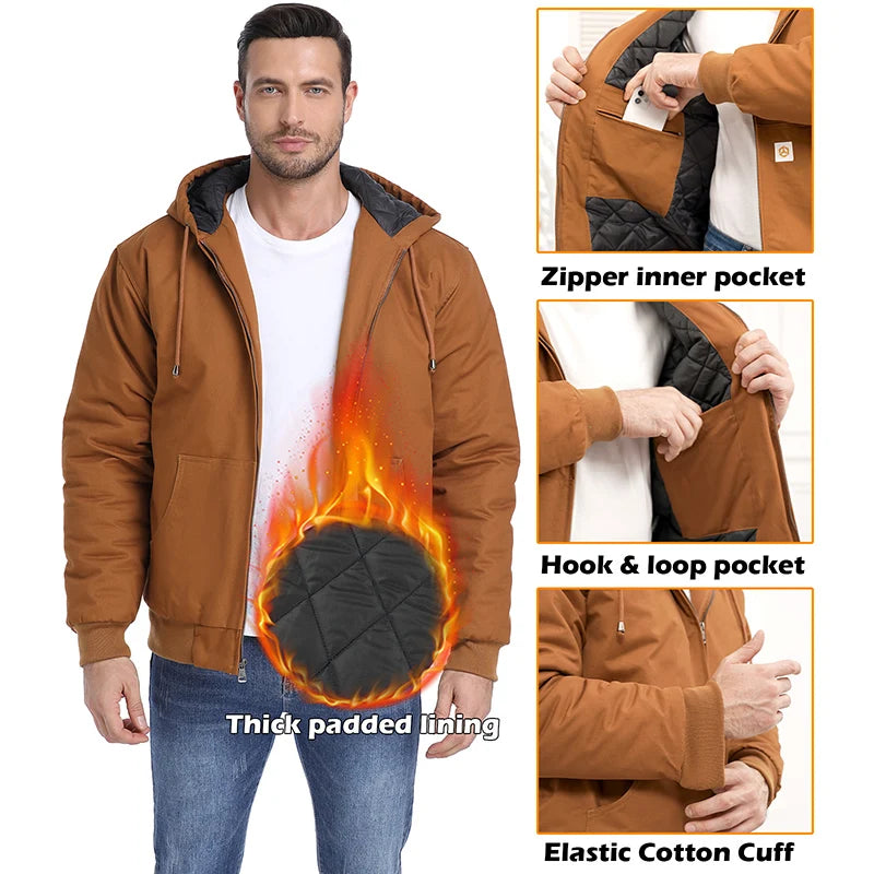 Men's Winter Hooded Active Jacket Warm Quilted Padded Lined Cargo Work Jacket Daily Wear Casual Coat