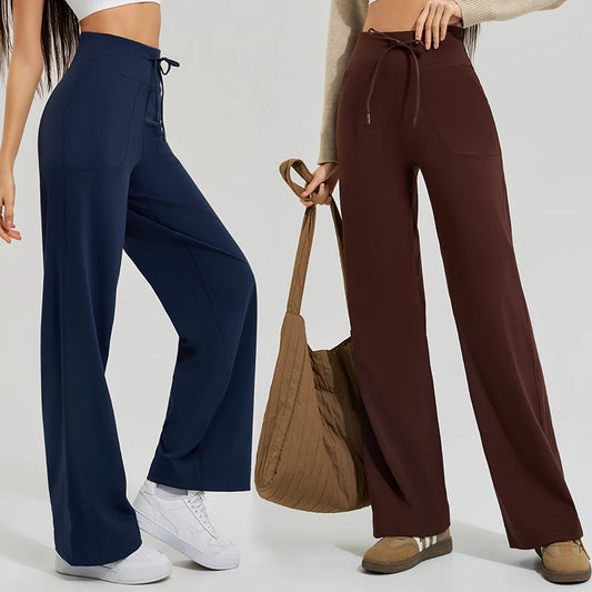 Women's High Waist Yoga Pants Gym Loose Running Pants Double Side Brushed with Pockets Pants Ties
