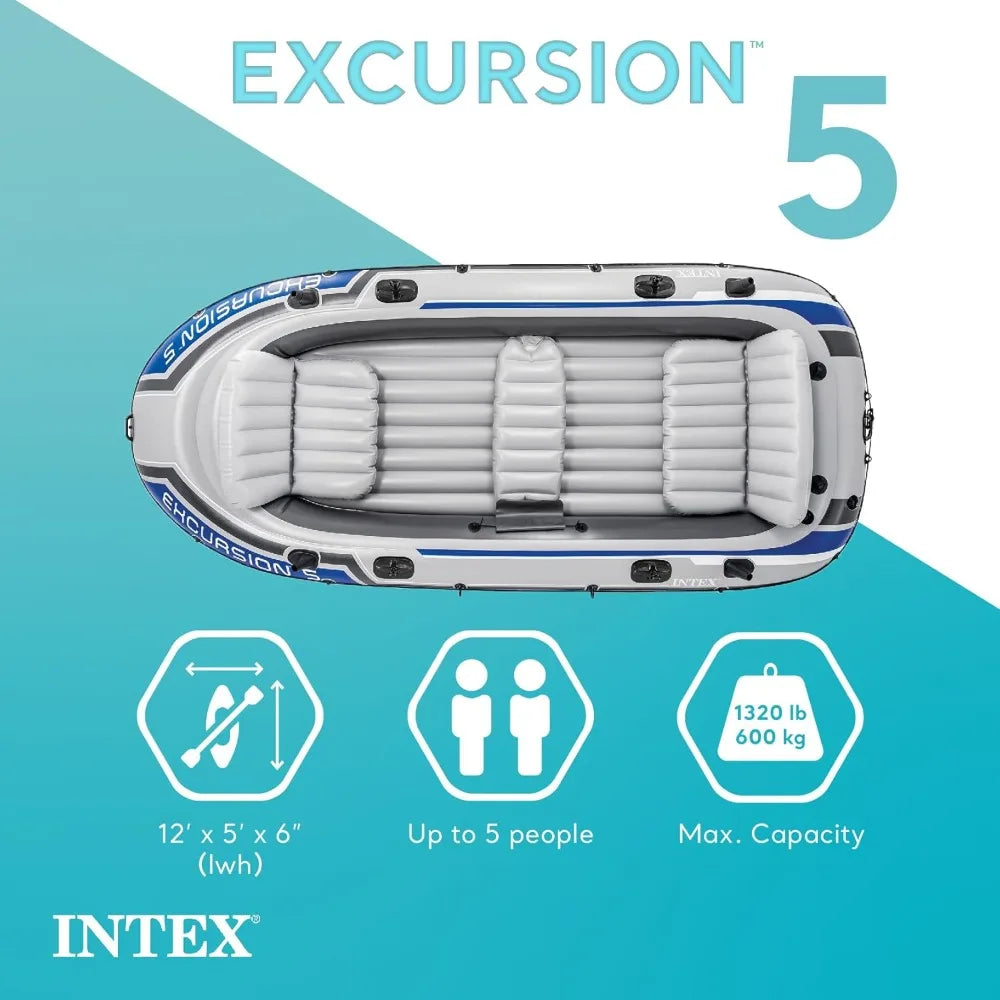 Excursion 5 Person Inflatable Boat Set with 2 Aluminum Oars, Pump, 12V Transom Mount Trolling Motor, and Motor Mount Kit