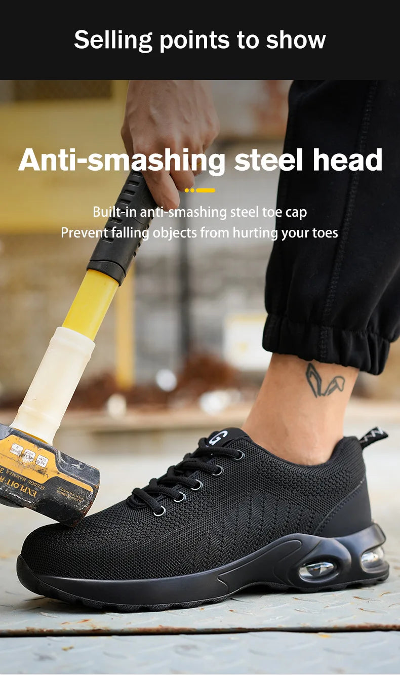 Fashion Men's Work Sneakers Mesh Breathable Safety Shoes Men Steel Toe Work Shoe Anti-smashing