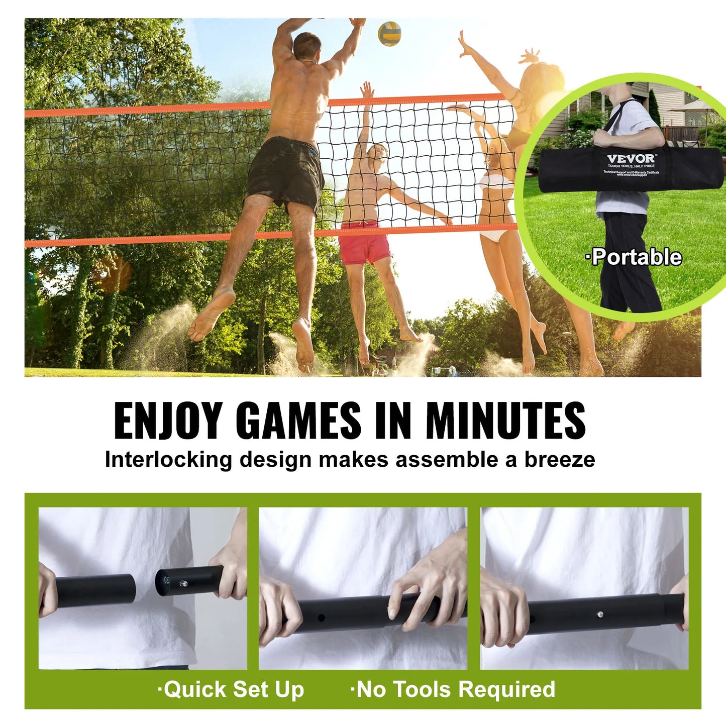 1.25-1.75inch poles, Outdoor Volleyball Net System Adjustable Height Aluminum Poles Volleyball Set with Pump Carrying Bag