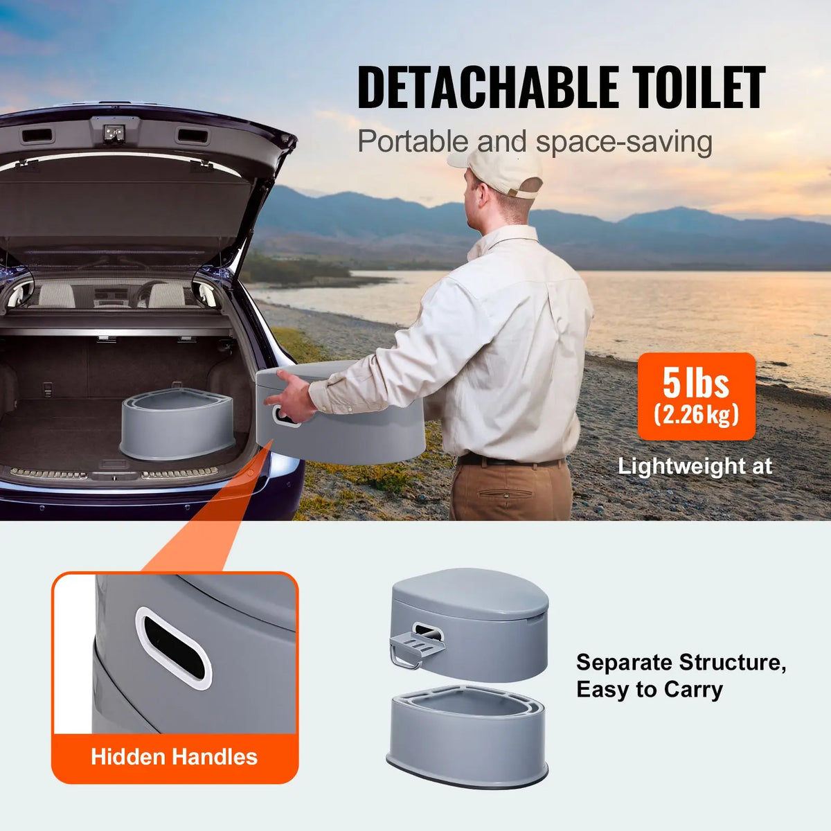 Portable Toilet for Camping, Porta Potty with 1.3 Gal Detachable Inner Bucket & Removable Paper Holder, Commode with Dual Lids, Travel Toilet for Adults Kids Outdoor Camping Car Long Road Trips