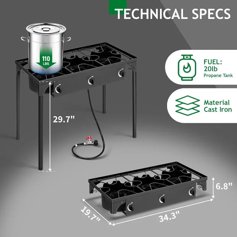 Outvita 3 Burner Propane Gas Stove for Outdoor Cooking, 225,000 BTU Camping Cooker with Removable Legs,Temp Control Knobs