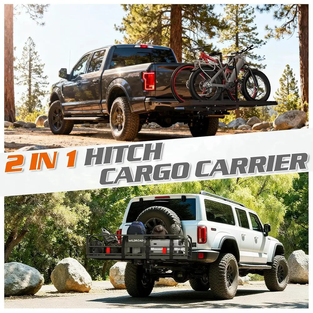 Hitch Cargo Carrier with Bike Rack 60" x 24" x 14" Folding Trailer Hitch Cargo Carrier 500 LBS Capacity for Standard, Fat Tire a