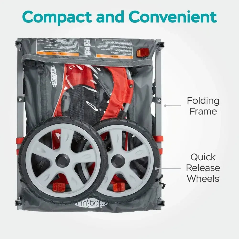 Red Double-Seat Bike Child Trailer: 80 lbs Max Weight, 5-Point Harness, Quick-Release Wheels, Bug & Weather Shield