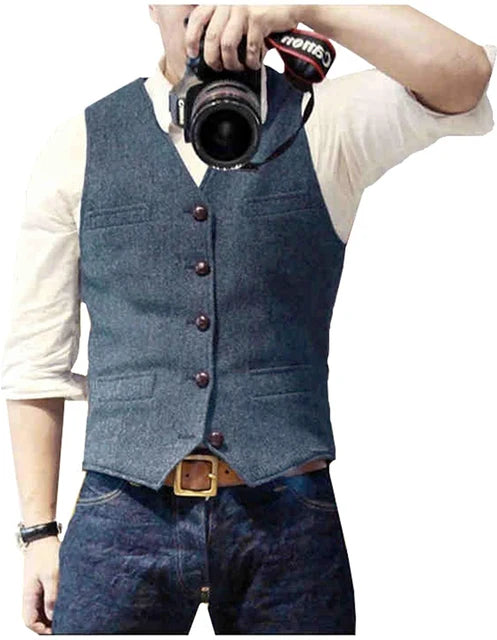 Men's Vest  Wool Herringbone Tweed Casual Waistcoat Business Vest Green/Black/Brown/Coffee
