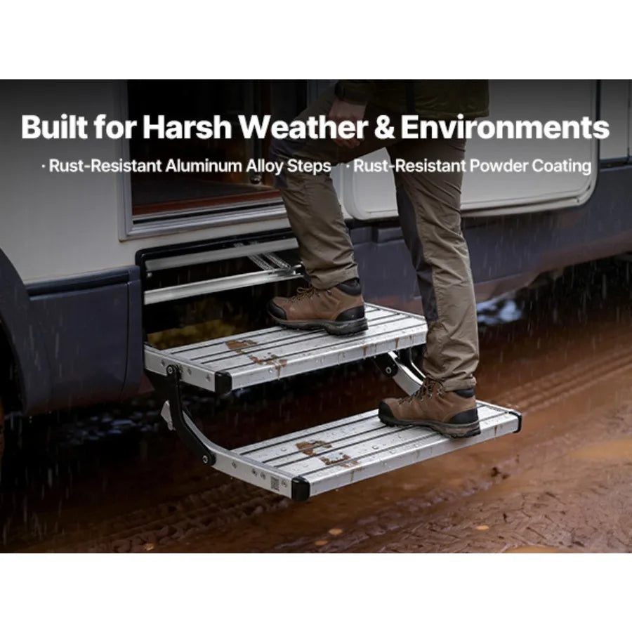RV Steps, 2-Step, 440 lbs Load Capacity, Manual Retractable RV Stairs, Telescopic Folding Aluminum Alloy Camper Steps, Steel Frame Non-Slip Entry Stairs for Camper Van Motorhome Travel Trailer