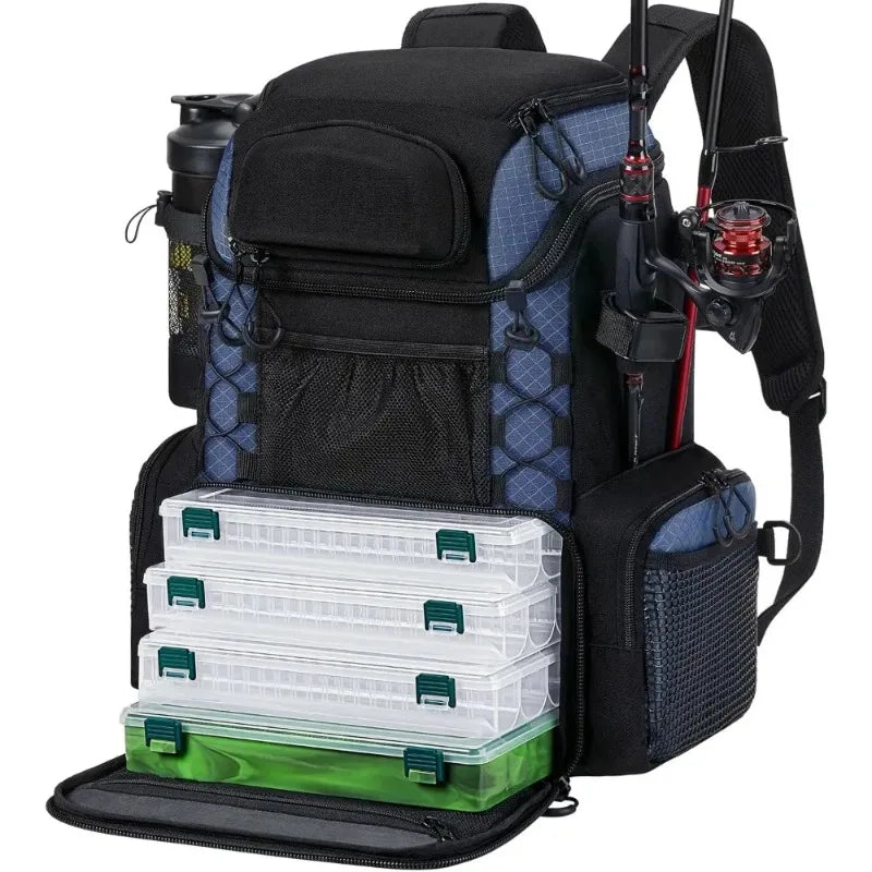 Fully upgraded Fishing Tackle Backpack with Rod Holders & 4 Tackle Boxes, with Waterproof Rain Cover