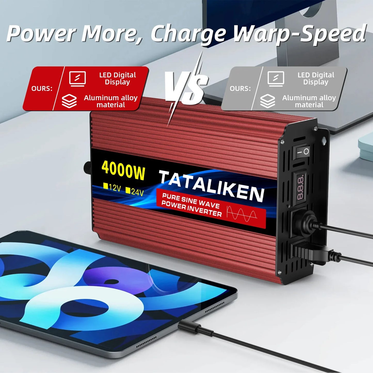 5000W Pure Sine Wave Inverter 12V 24V DC to AC 110V US Outlet Digital Screen Temp-Controlled Fan for Car Vehicle RV Solar
