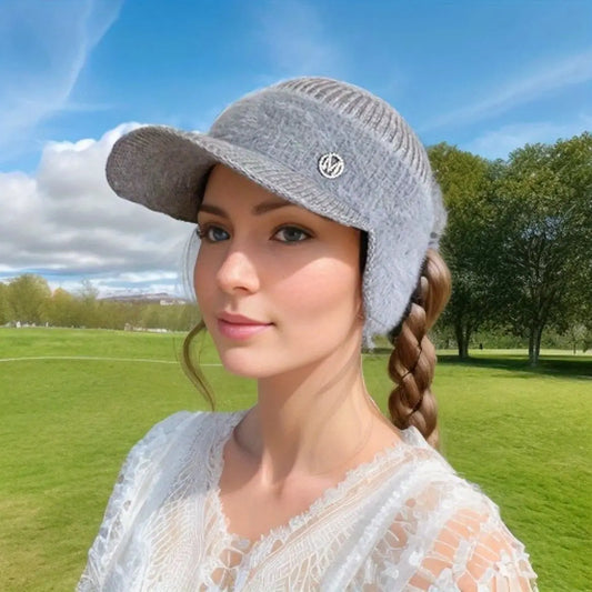winter women's hat empty top wool ear protection cap leaky ponytail thick warm knit hat