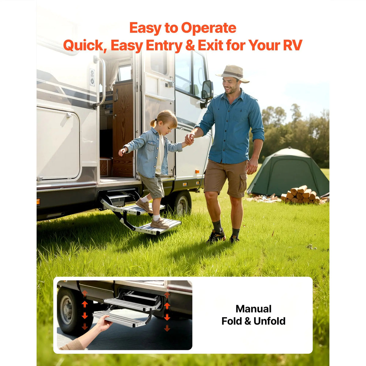 RV Steps, 2-Step, 440 lbs Load Capacity, Manual Retractable RV Stairs, Telescopic Folding Aluminum Alloy Camper Steps, Steel Frame Non-Slip Entry Stairs for Camper Van Motorhome Travel Trailer