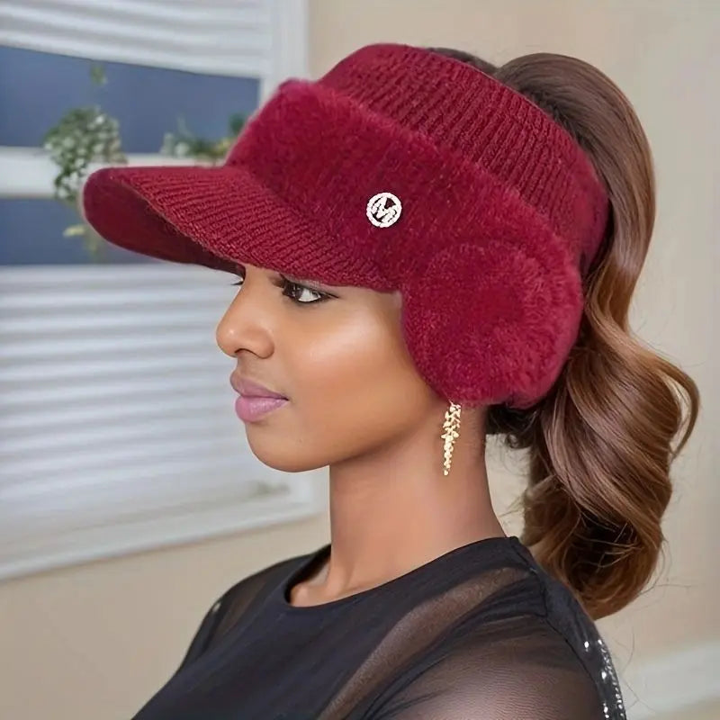 winter women's hat empty top wool ear protection cap leaky ponytail thick warm knit hat