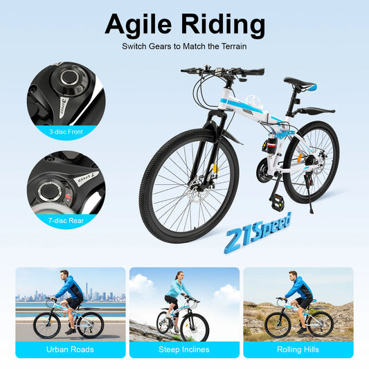 Folding Mountain Bike 21 Speed 26 Inch Dual Shock Double Disc Brakes Blue White For Adults Off Road Commuting Fitness Adventure
