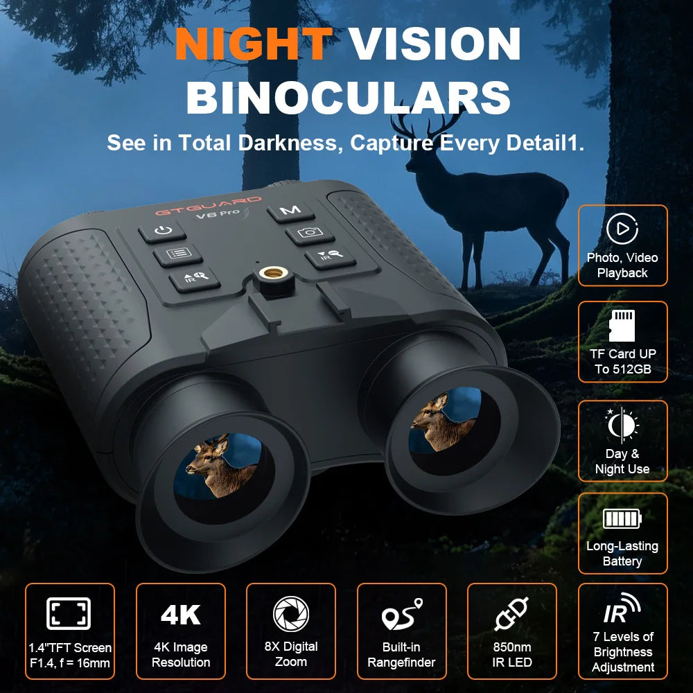 Night Vision Binocular 4K 8X Digital Zoom Nightvision Goggles Head Mounted IR Digital Telescope Built-in Diastimeter For Hunting