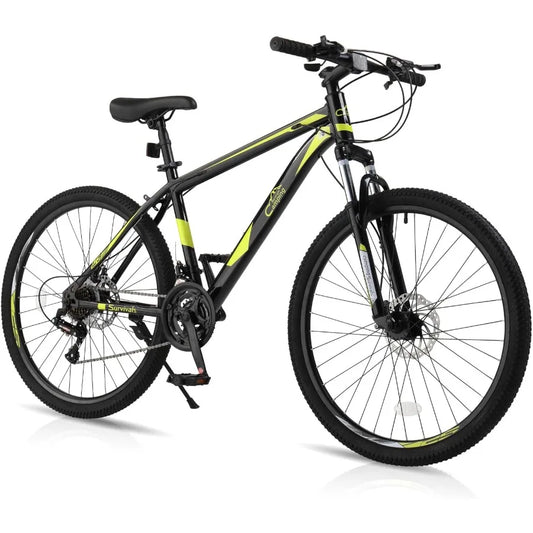Mountain Bike for Men and Women 26 Inch Adult Cycling Adventure Bike with 21-Speed Gear System Double Disc Brakes Front