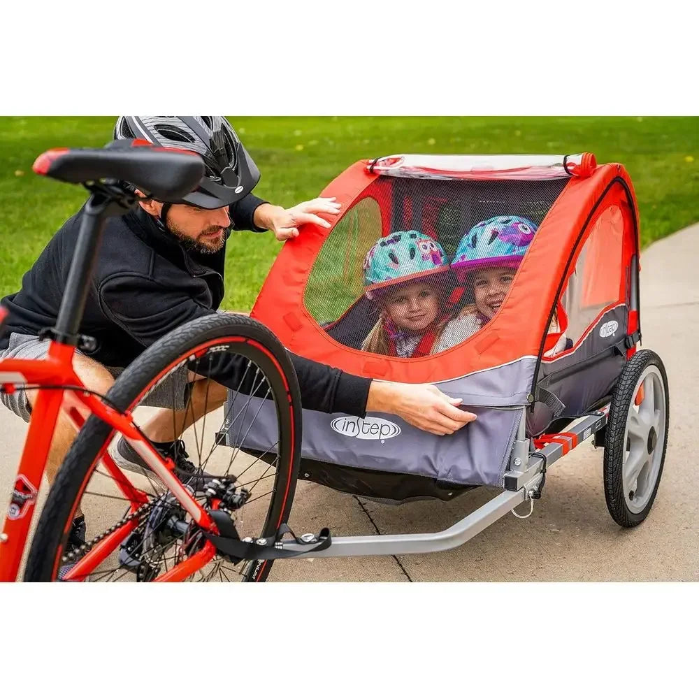 Red Double-Seat Bike Child Trailer: 80 lbs Max Weight, 5-Point Harness, Quick-Release Wheels, Bug & Weather Shield